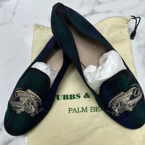Stubbs & Wootton Plaid Loafer with Gold Embroidered Dragons Size 7.5